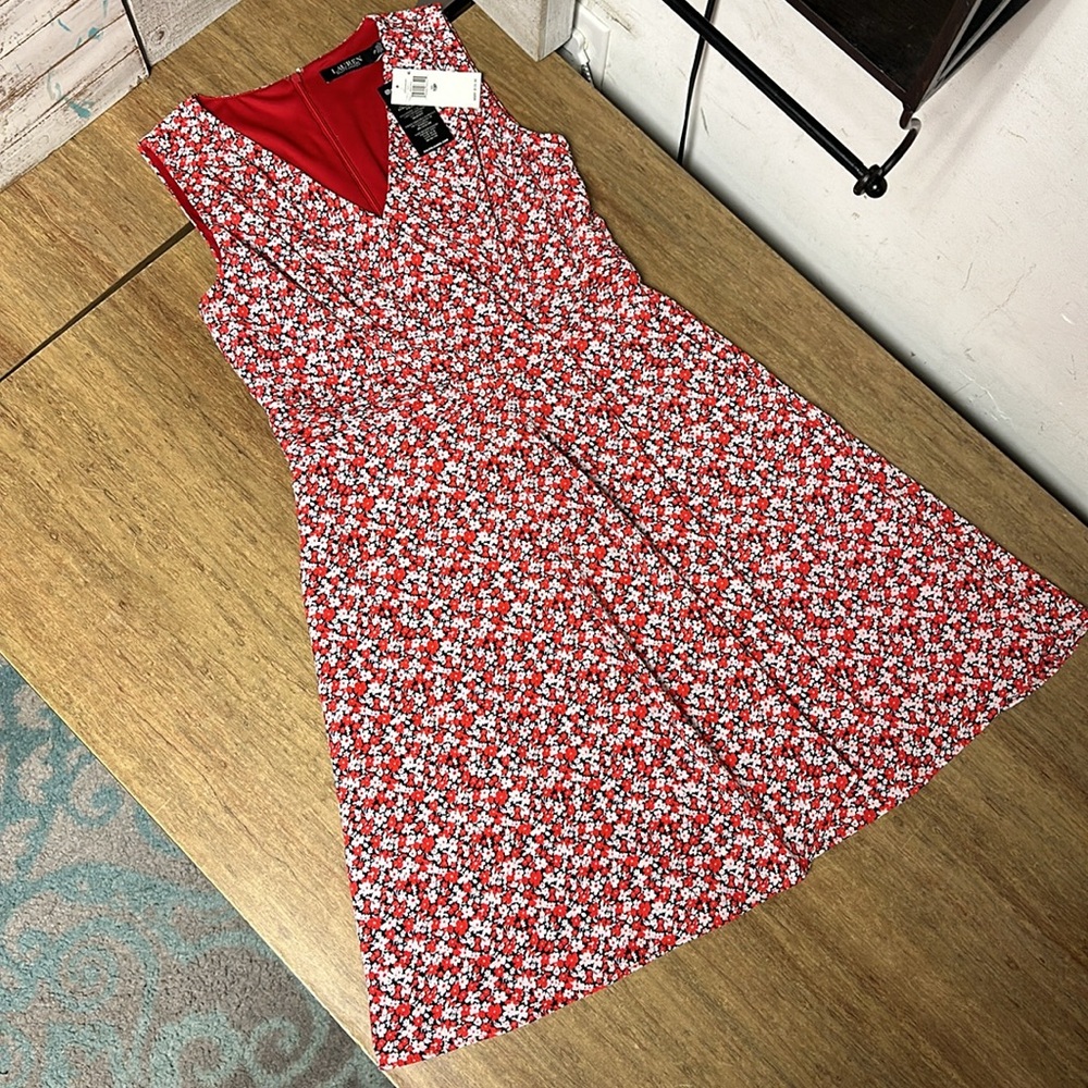 Lauren Ralph Lauren Nwt navy red white floral print wrap style zip dress